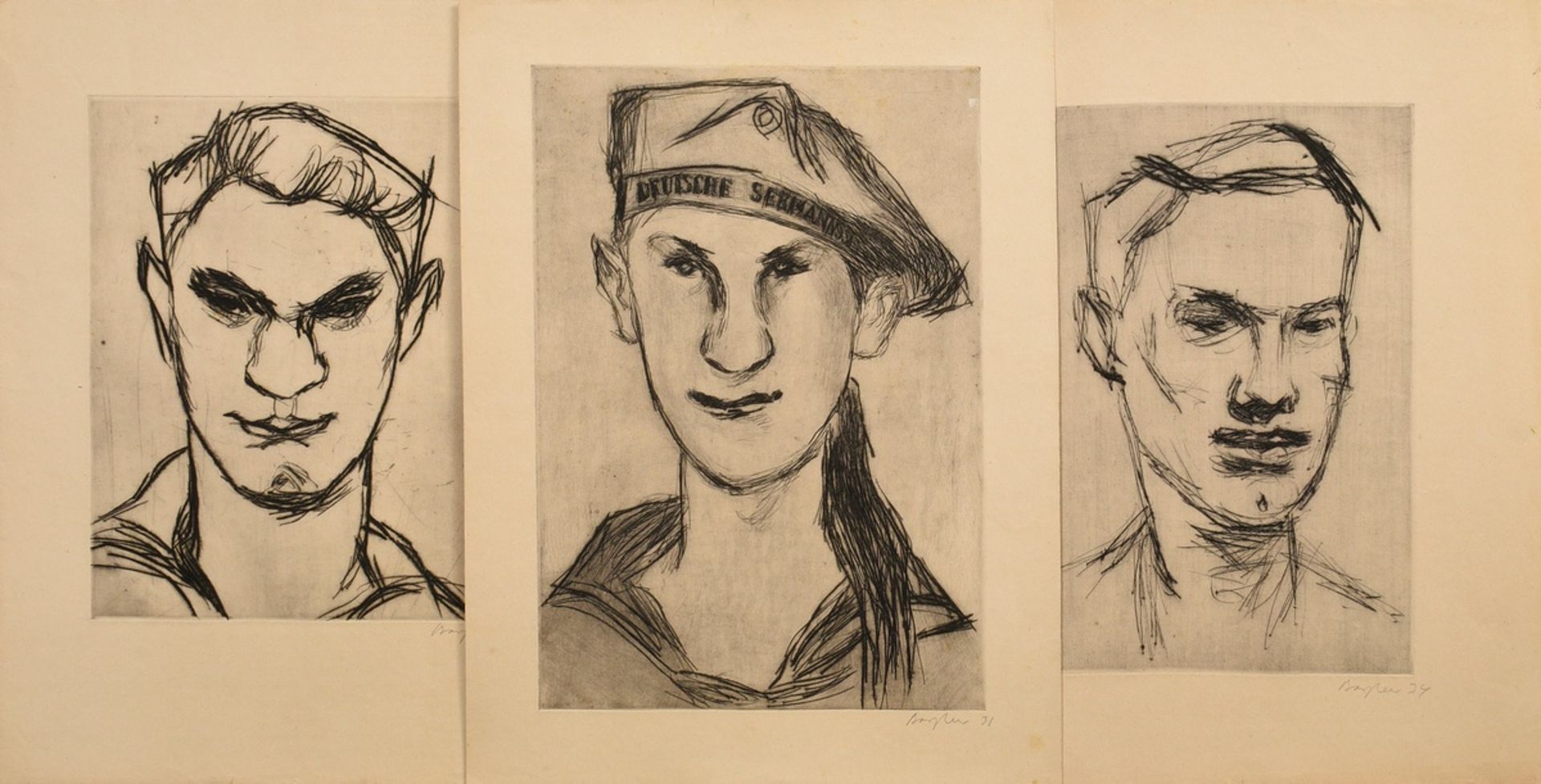 3 Bargheer, Eduard (1901-1979) "Herren-Portraits" (2 sailors and self?) 1931/1934/1935, etchings, s