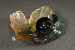 Daum pâte-de-verre leaf bowl in green-light yellow with sculptural brown snail shell, verso sign. "