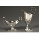 2 Miscellaneous pieces: A milk jug with floral frieze in relief and raised handle on a square foot,