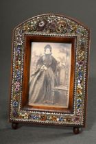 Standing frame with micromosaic "Blossoms" in wooden mounting, inside old photo "Biedermeier lady",