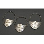 3 Shield-shaped bottle pendants for sherry, port wine and Madeira with ornamental engraving, German
