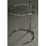 Beistelltisch „E 1027“, Entw.: Eileen Gray 1925, Stahlrohr und Glas, höhenverstellbar (H. 53-91cm),