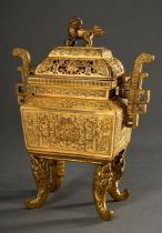 Fire-gilt bronze censer or incense burner with detailed relief decoration and geometric handles and