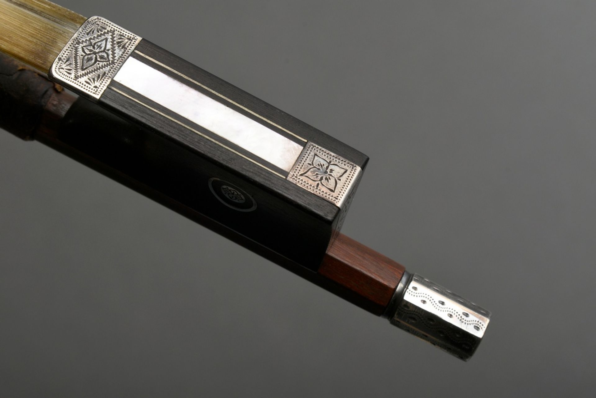 Masterly violin bow, stamped "Max Wunderlich", Germany 1st half 20th c., finely chased silver fitti - Image 2 of 14
