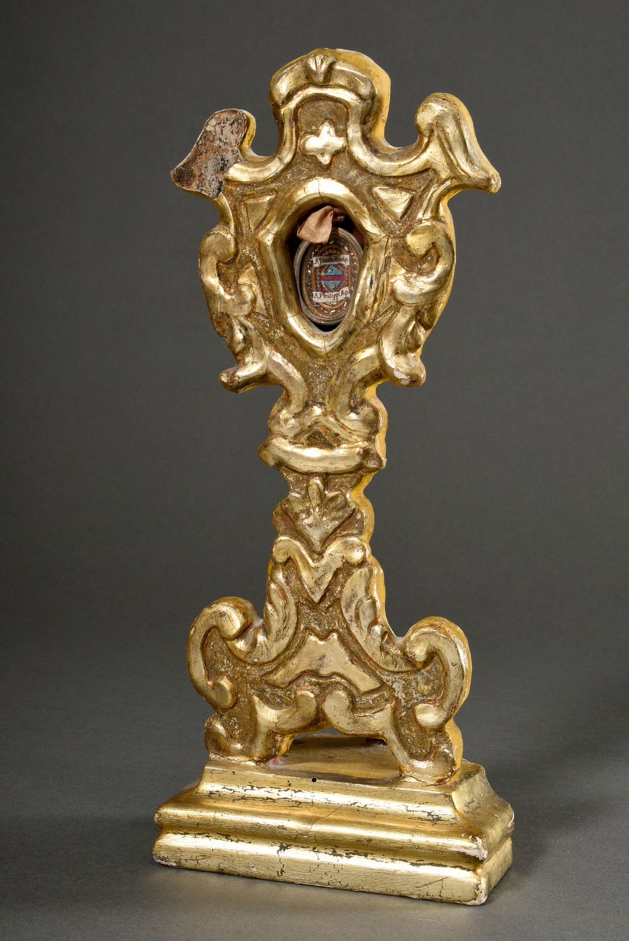 Baroque reliquary with small monastery work "S. Jacobi..." and S. Philippi Ap.", 18th c., carved an