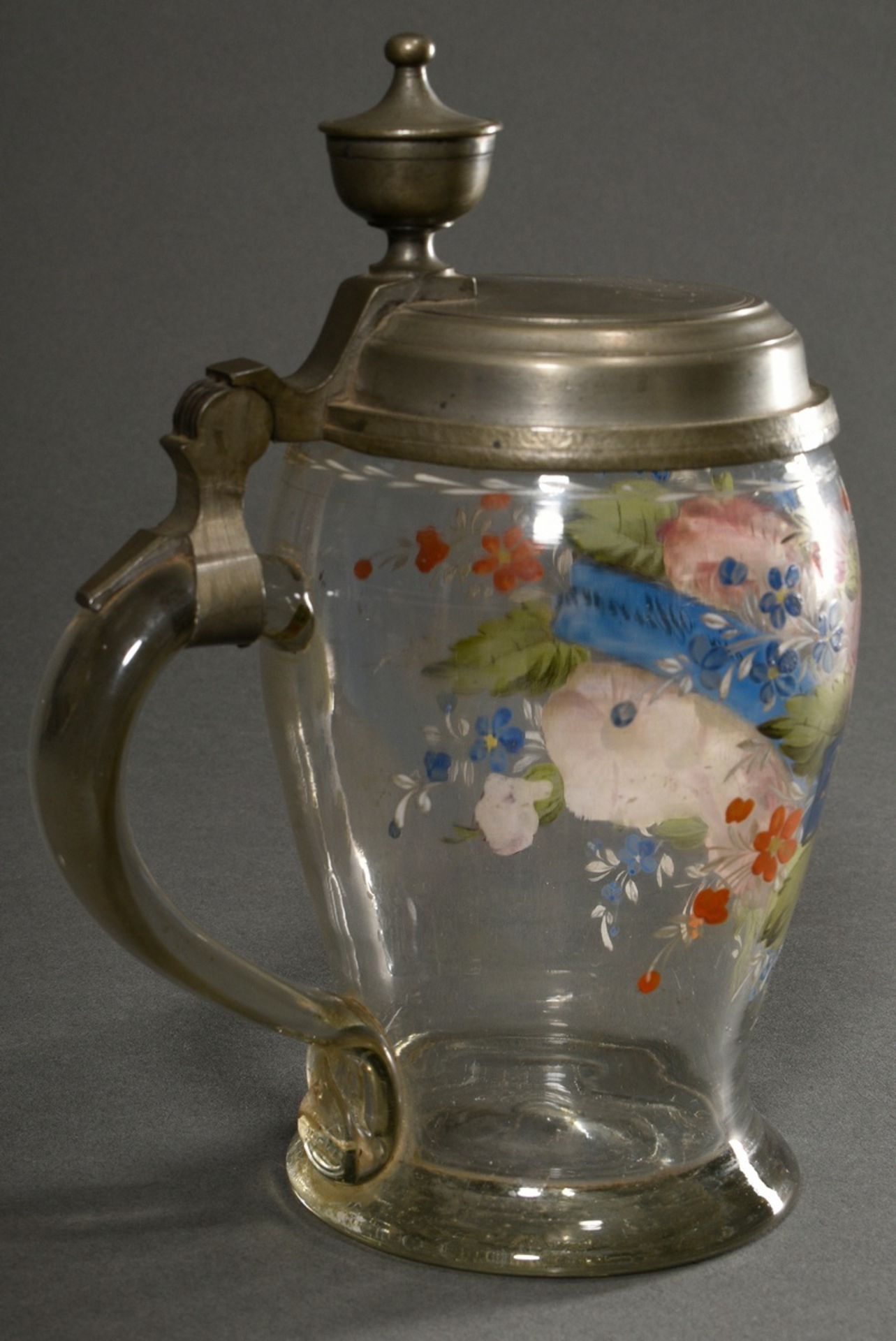 Biedermeier glass tankard with polychrome enamel painting bouquet of flowers and banner "Dein Glück - Image 3 of 8