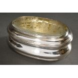Oval baroque box with cambered body and finely cut glass insert in the hinged lid "Lovers with dog 