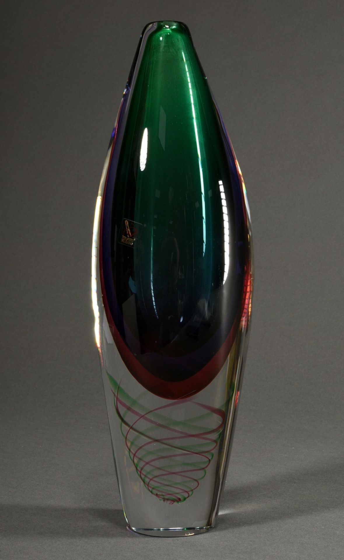 Modern "Somerso" vase with green-purple-pink underlay and green-pink spiral, base sign. Luigi Onest - Image 2 of 7