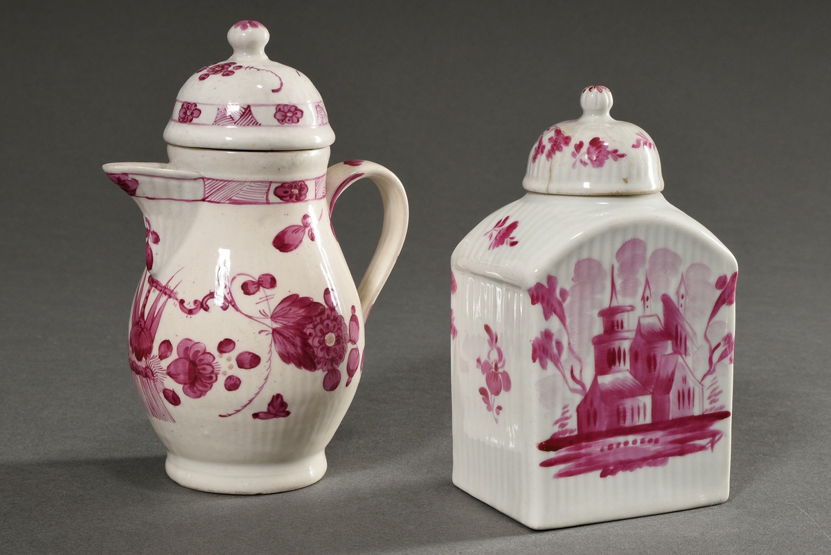 2 Various pieces of porcelain: Rauenstein jug (h. 15cm) and Wallendorf tea caddy with (h. 13cm)