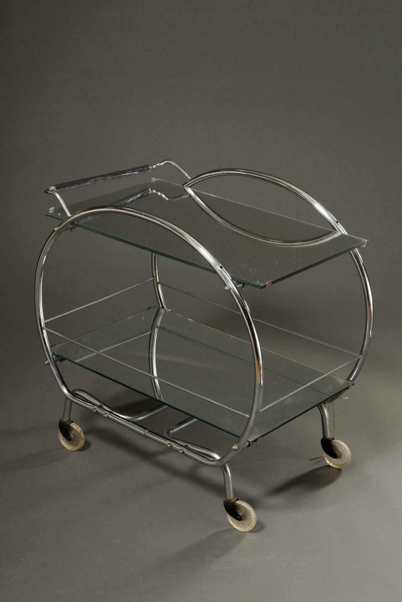 Art Deco Teewagen mit bogenförmigem verchromtem Stahlrohr Gestell und doppelter Spiegelablage, roll - Bild 2 aus 3