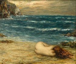 Ridel, Louis Marie Joseph (1866-1937) "Female nude on the beach", oil/wood, sign. l.r., 38x46,5cm (