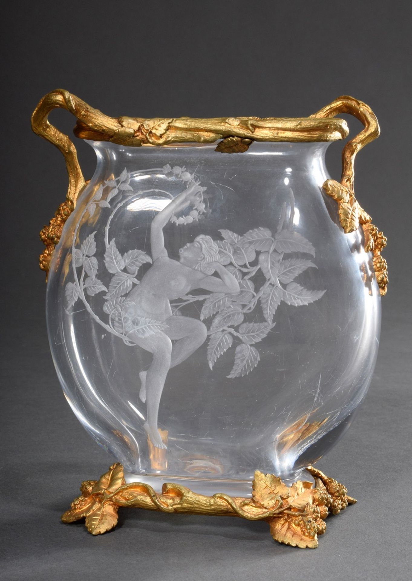 Art Nouveau vase with finely cut decoration "Female Nude between Tendrils" with fire-gilt bronze mo
