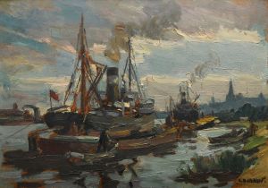 Dekkert, Eugene (1865-1956) "Loading Quay Szczecin Harbour", oil/cardboard, sign. b.r., verso inscr