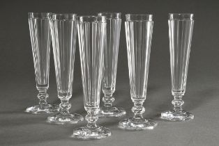 6 Faceted champagne flutes on octagonal foot with cut nodus, 19th c., h. 18cm, some min. dam.