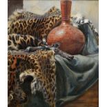 Unknown artist "Still life with leopard skin, clay jug and flintlock pistol", watercolour, b.r. sig