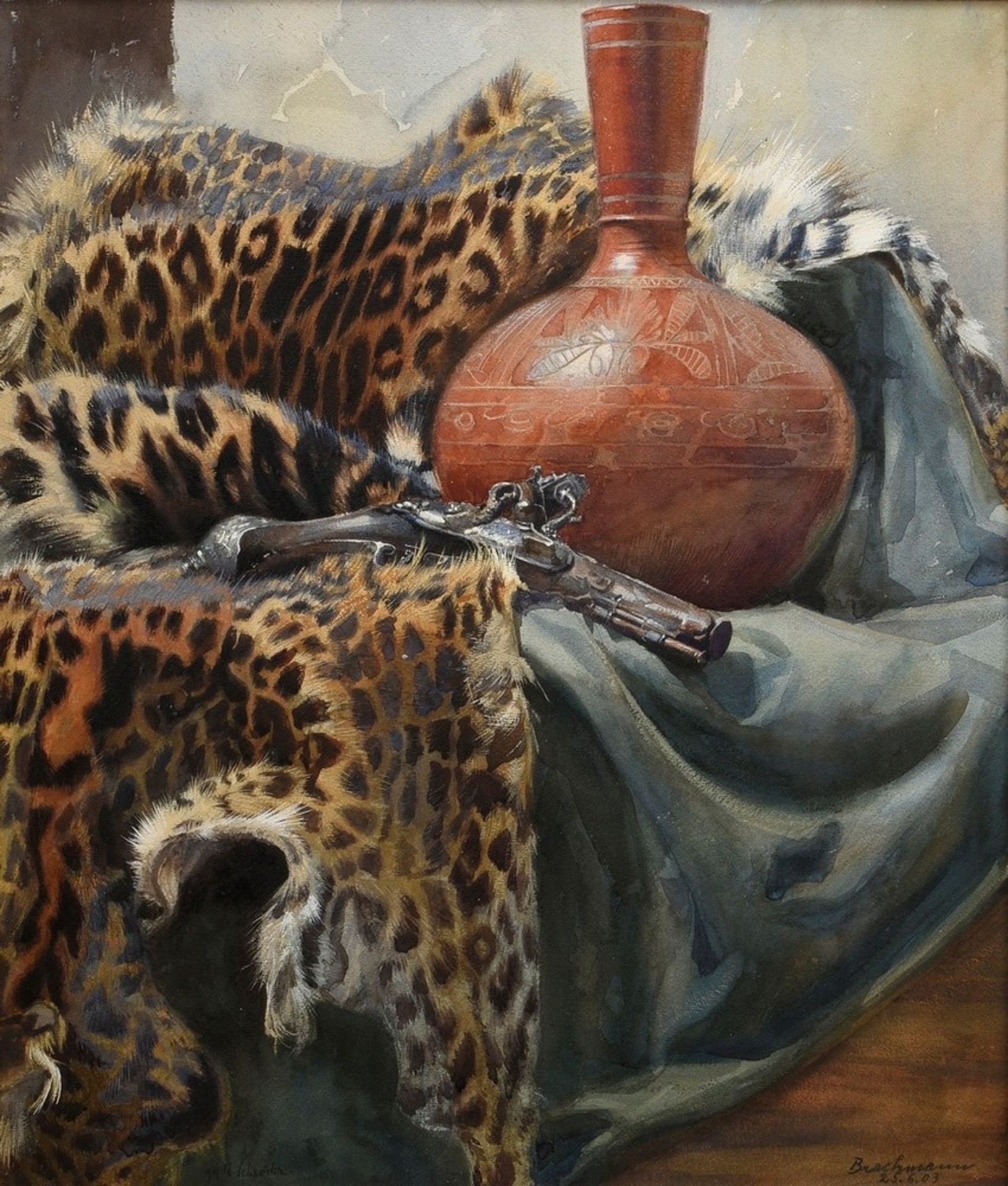 Unknown artist "Still life with leopard skin, clay jug and flintlock pistol", watercolour, b.r. sig
