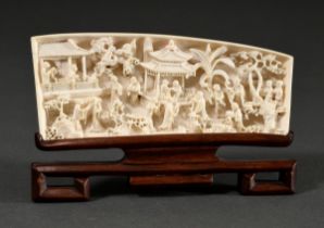 Ivory relief with fine sculptural carving "Buddhist monks in a monastery garden with pavilion", Can