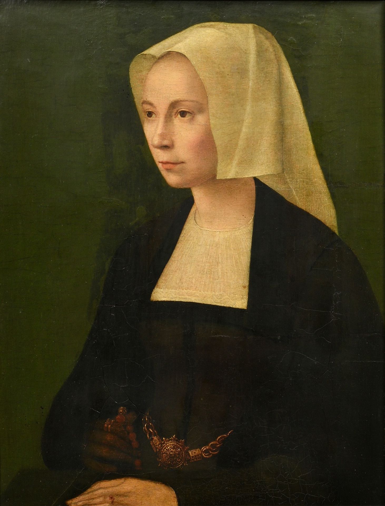 Unbekannter holländischer Meister des 16.Jh. "Portrait einer Dame mit Haube" um 1520, Öl/Holz, park