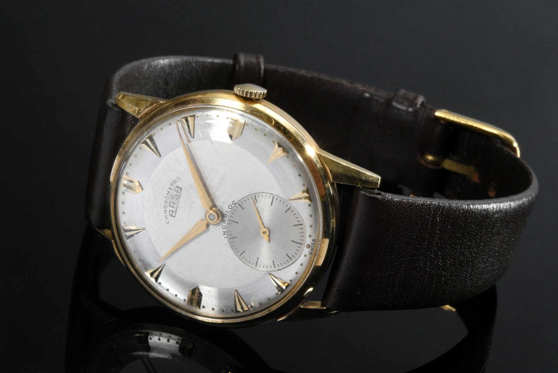 Gelbgold 750 Arsa Chronometer Armbanduhr, Handaufzug, kleine Sekunde, Pfeilindizes, braunes Lederba
