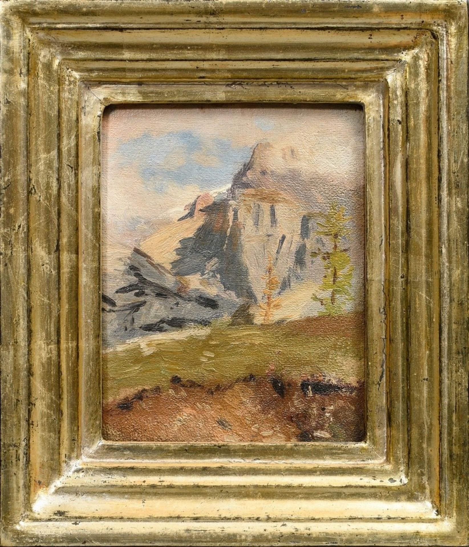 Unknown artist c. 1900 "Matterhorn", oil/canvas mounted on cardboard, stepped, gilded frame, 16.5x1 - Image 2 of 3