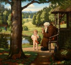 Hansen, Sophus (1871-1959) "Idyll" (Amor wird unterwiesen) 1926, Öl/Leinwand, u.l. sign./dat., vers