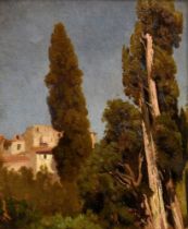 Unknown artist around 1900 "Cypresses and houses", oil/paper mounted on cardboard, 26x21,5cm (w.f. 