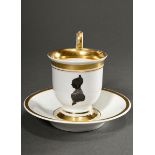 Biedermeier KPM commemorative cup/ saucer with fine black stain silhouette ""Lady with pinned hairs