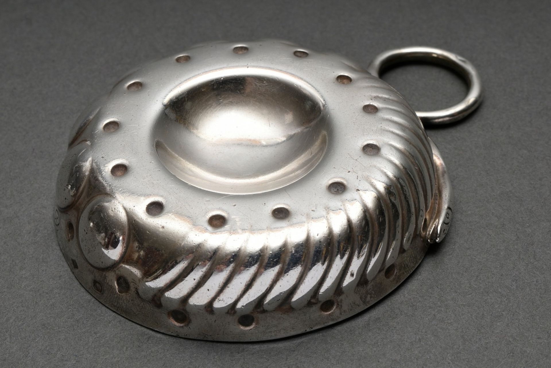 French Tastevin bowl with half humped and half fluted wall and snake-shaped handle, owner's mark "C - Image 2 of 4