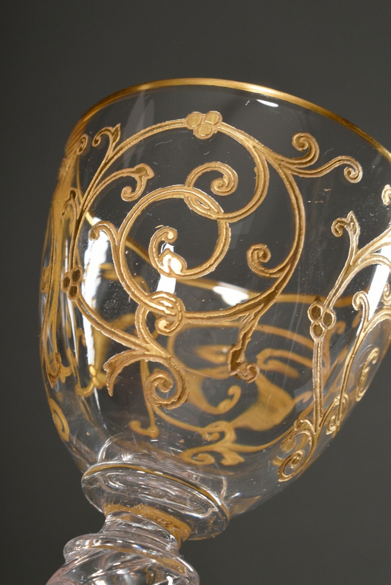 6 Saint Louis glasses with egg-shaped bowl and circumferential gold tendril painting over a curved  - Image 3 of 4