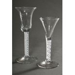 2 Various liquor glasses with tulip domes and white thread in the stem, 18th c., cracked base, h. 1