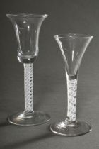 2 Various liquor glasses with tulip domes and white thread in the stem, 18th c., cracked base, h. 1