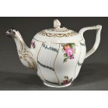 Royal Copenhagen teapot in new ozier relief with polychrome floral festoons and bouquets, gold deco
