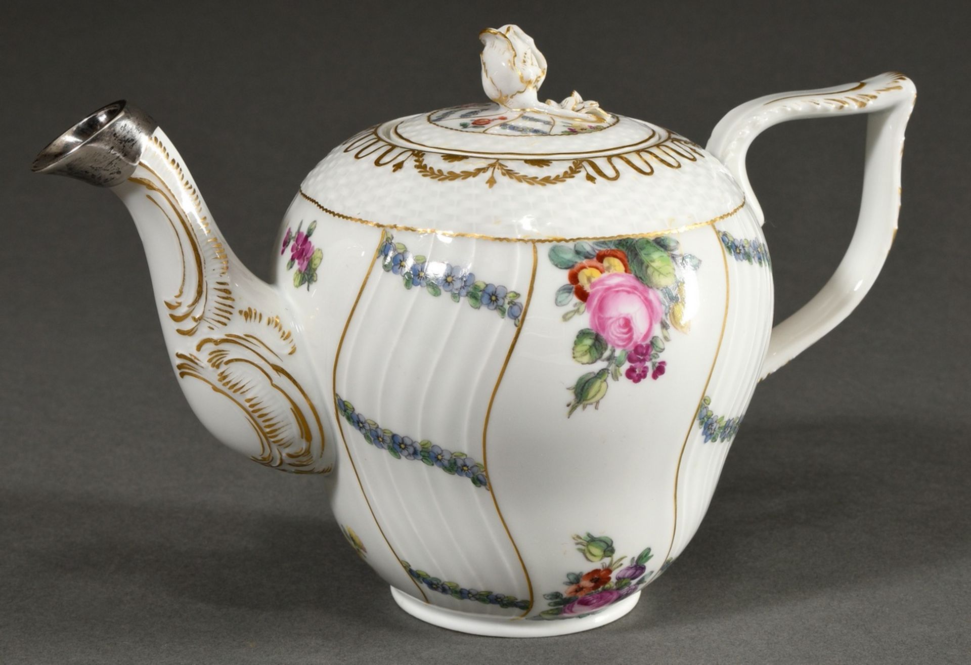 Royal Copenhagen teapot in new ozier relief with polychrome floral festoons and bouquets, gold deco