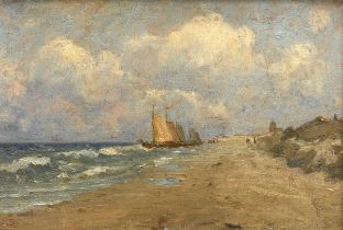 Unknown artist of the 19th c. "Beach with Sailors", oil/wood, monogr. "L.S." on the lower left, ver