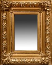 Kleiner Spiegel in vergoldetem Stuckrahmen mit Rocaillen und Blattfries, 52x42cm, leichte Altersspu