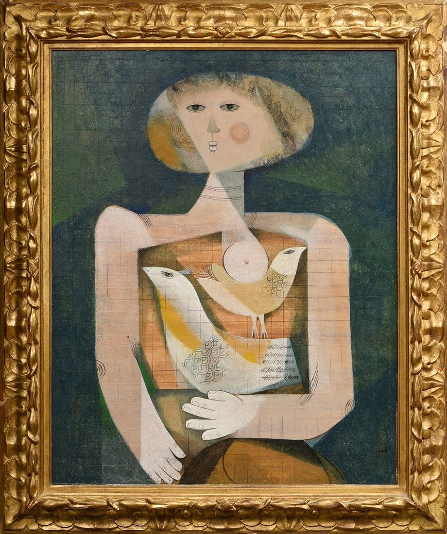 Briss, Samuel (*1930) "Woman with bird" ca. 1995, oil/wood (gridded), sign. b.r., magnificent frame - Image 2 of 5