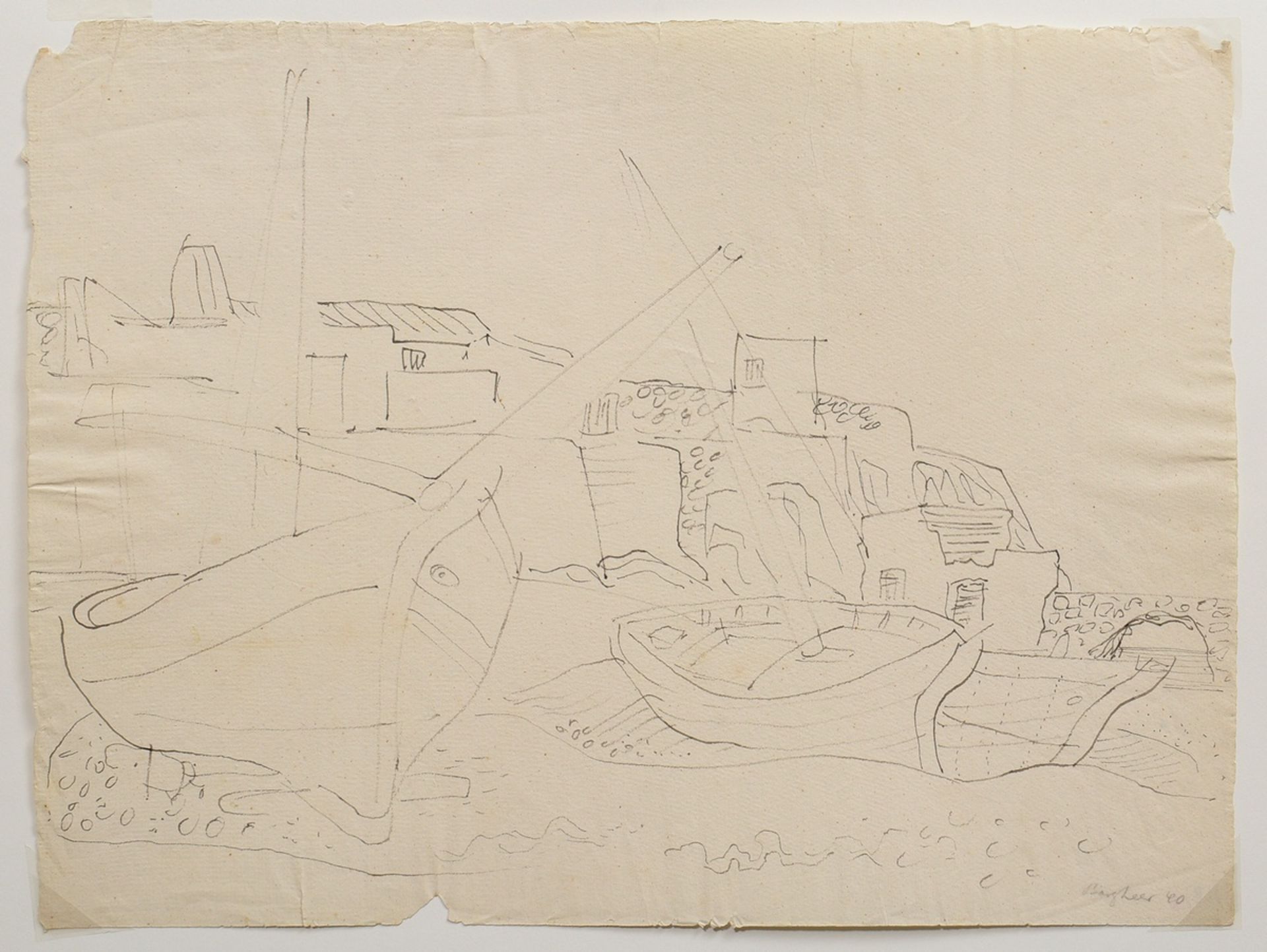 Bargheer, Eduard (1901-1979) "Two boats on the beach" 1940, ink, b.r. sign./dat., 32x42,5cm, slight