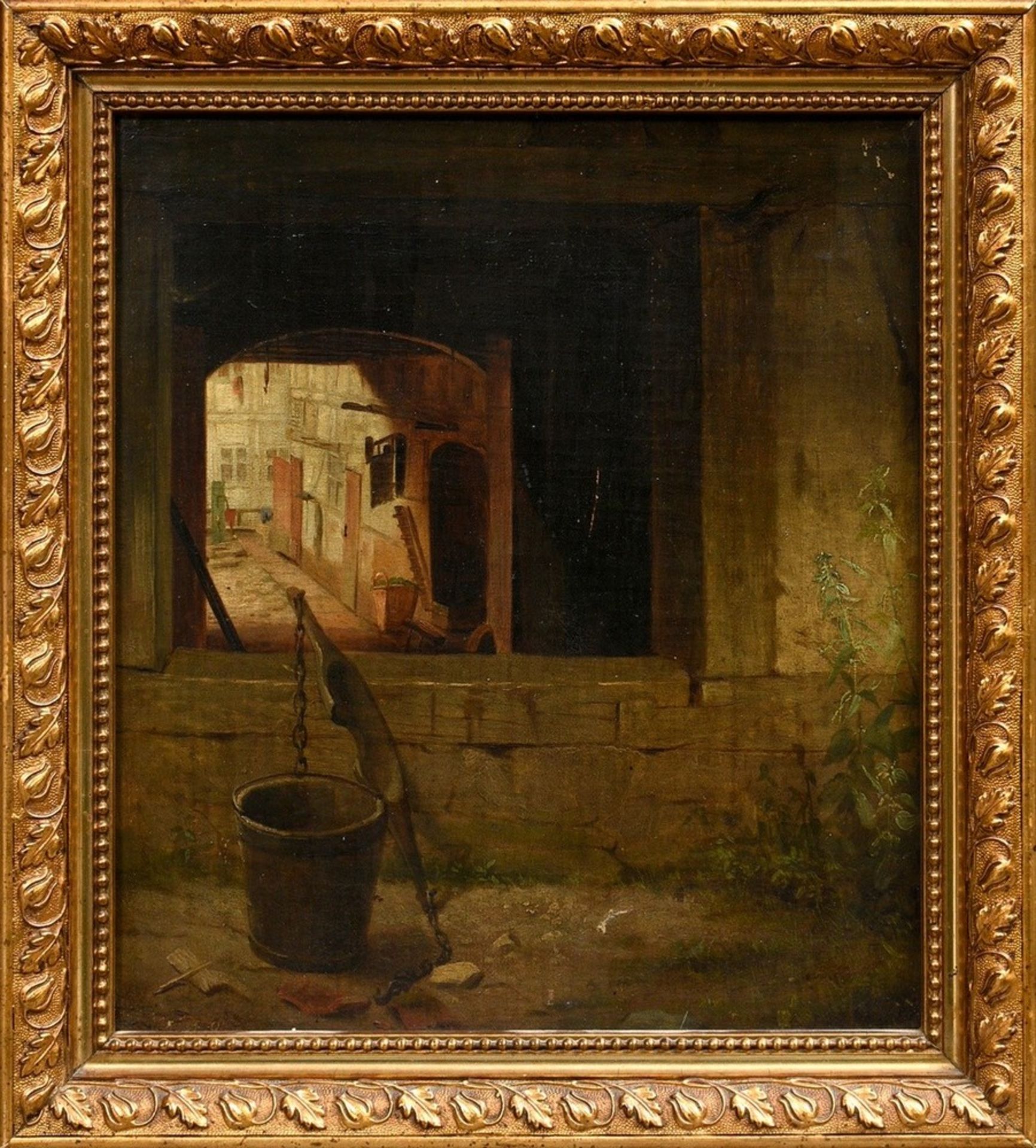 Unknown artist of the 19th c. (Lip?) "View into a workshop courtyard" 1878, oil/canvas mounted on c - Image 2 of 6