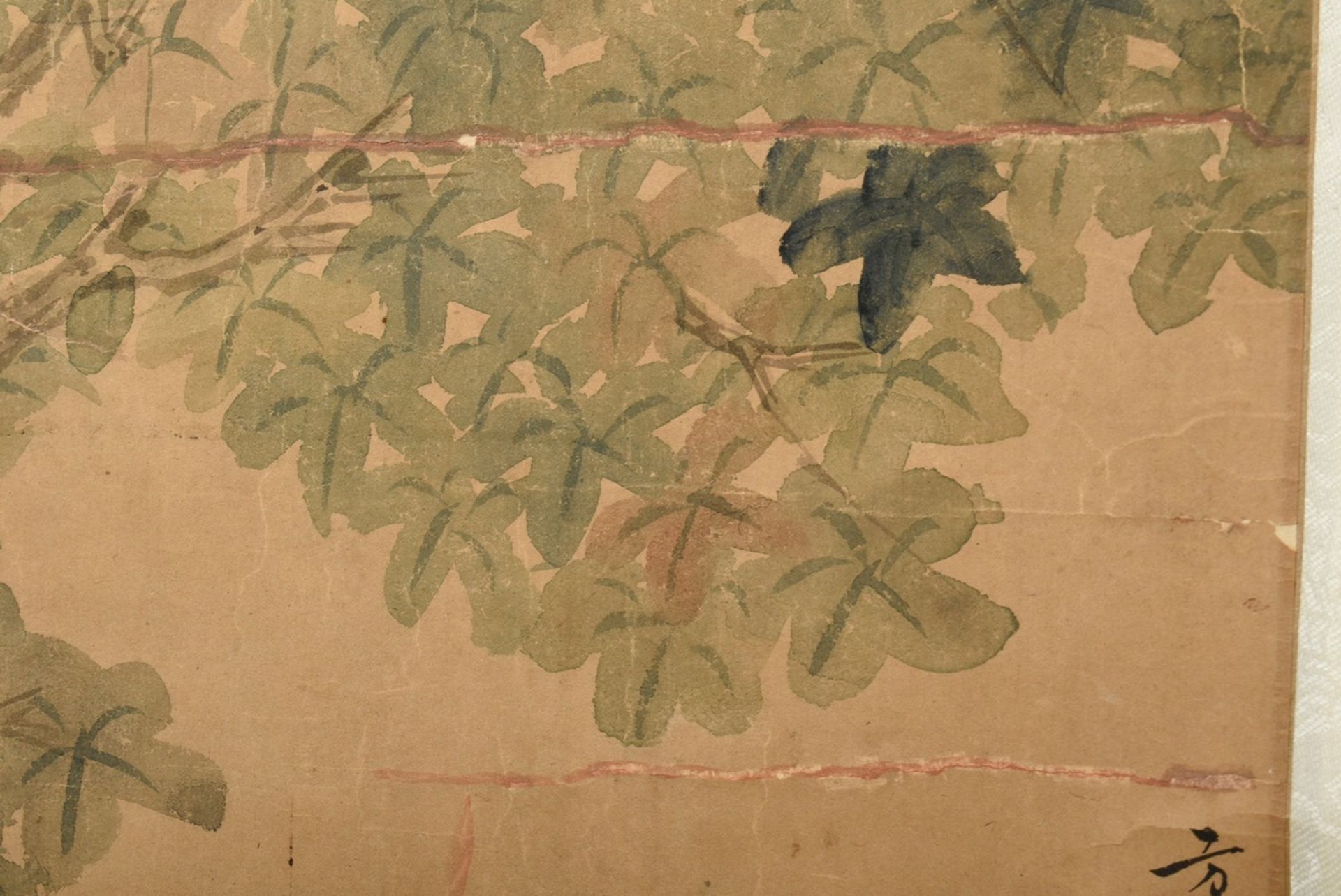Chinesisches Rollbild "Vier Damen mit Blumenkörben in Landschaft", farbige Tusche auf Papier auf Se - Bild 4 aus 8