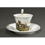 Meissen Biedermeier cup/saucer with flawless depiction of "Stolpen", 19th c., h. 9cm, rubbed gold r