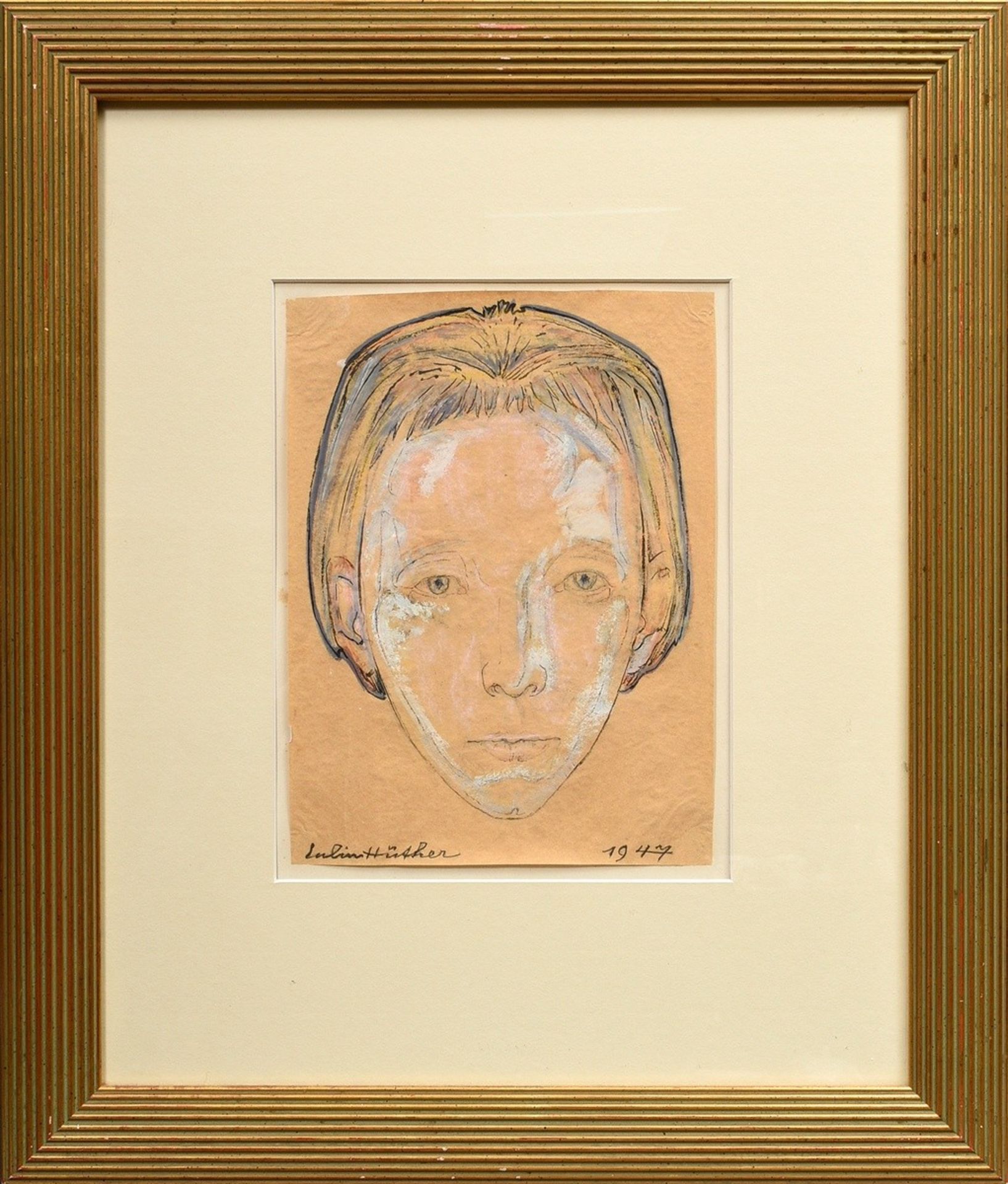 Hüther, Julius (1881-1954) "Portrait of a woman with fringe hairstyle" 1947, gouache/pencil/ink, si - Image 2 of 3