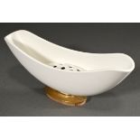 Oblong KPM flower bowl in a troughed boat shape on base with an oval wooden foot with brass support