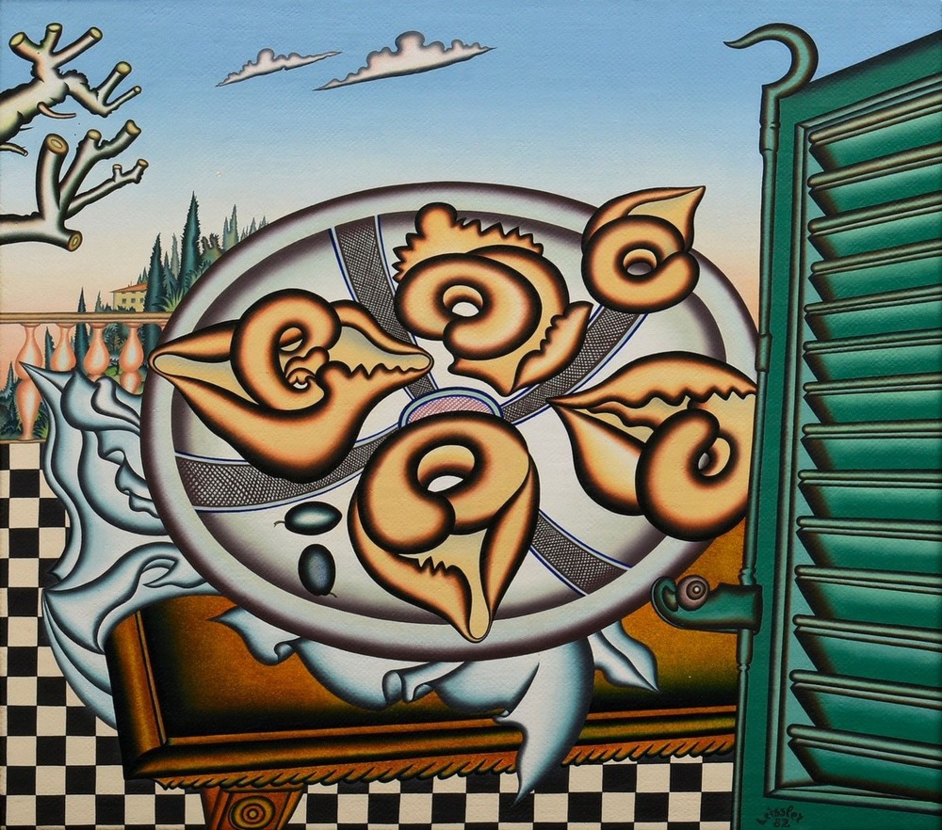 Leissler, Arnold (1939-2014) "Natura Morta con Tortelloni" 1982, oil/canvas mounted on wood, sign./