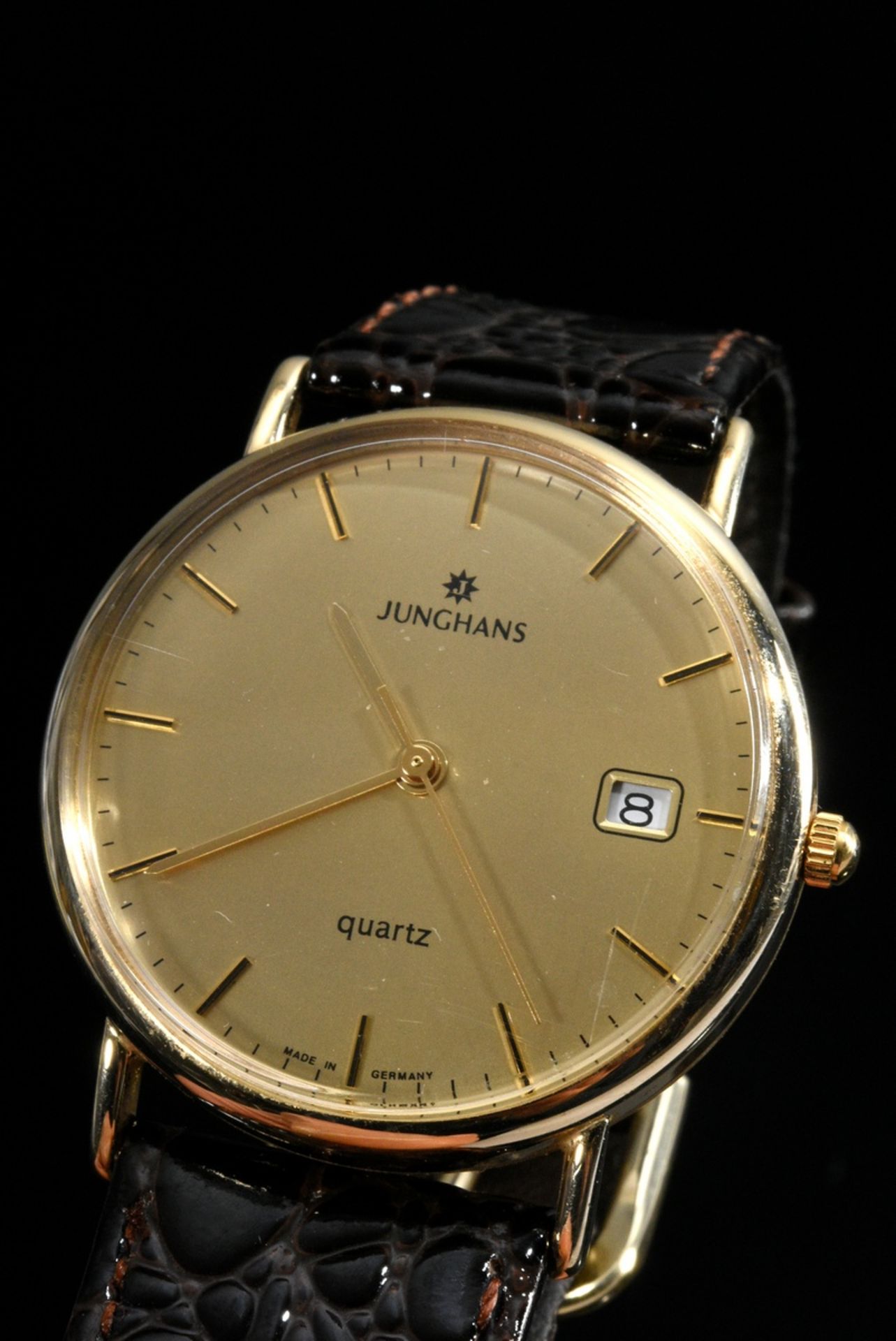 Yellow gold 585 Junghans wristwatch, quartz, date, large second, brown crocodile strap with gold-pl - Image 4 of 4