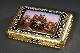 Rectangular Swiss gold tabatiere with exquisite enamel painting "Italian Harvest Procession" on the