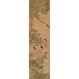 Chinesisches Rollbild "Vier Damen mit Blumenkörben in Landschaft", farbige Tusche auf Papier auf Se