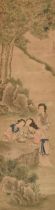 Chinese scroll painting "Four ladies with flower baskets in landscape", colored ink/paper, mounted 