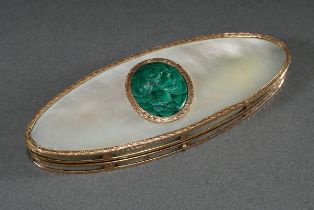 Ovoid mother-of-pearl snuff box with finely chased red gold mountings around panels in lid, sides a