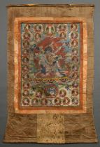 Thangka "Dharmapāla Mahākāla (?) in front of flame aureole (blue body colour and three eyes) with l