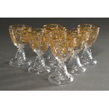 6 Saint Louis glasses with egg-shaped bowl and circumferential gold tendril painting over a curved 